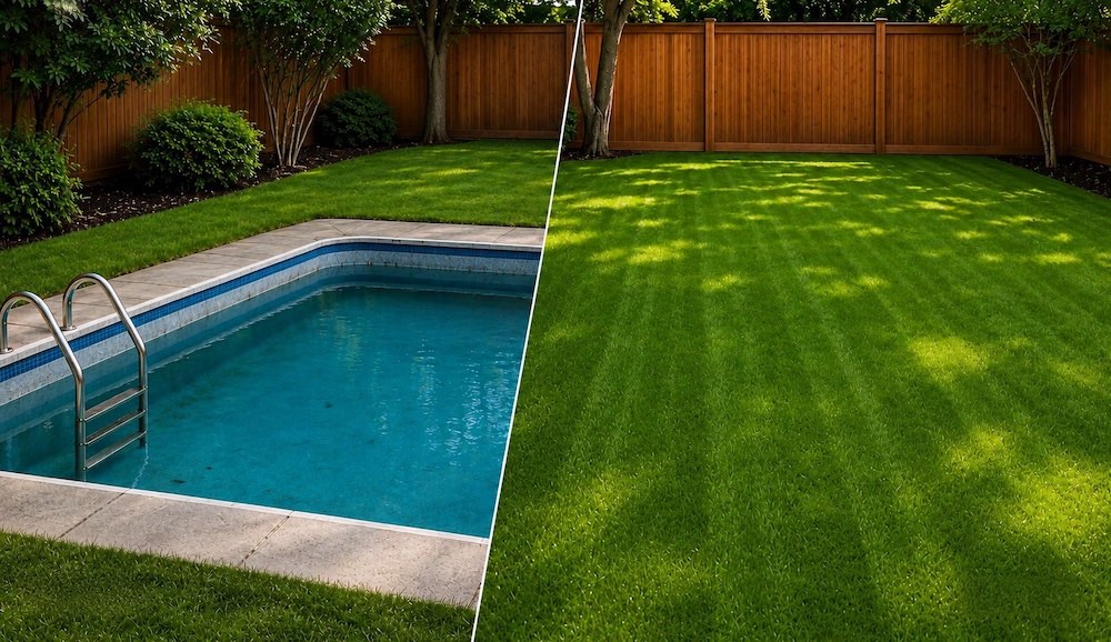 Before and after view of a swimming pool replaced with green lawn